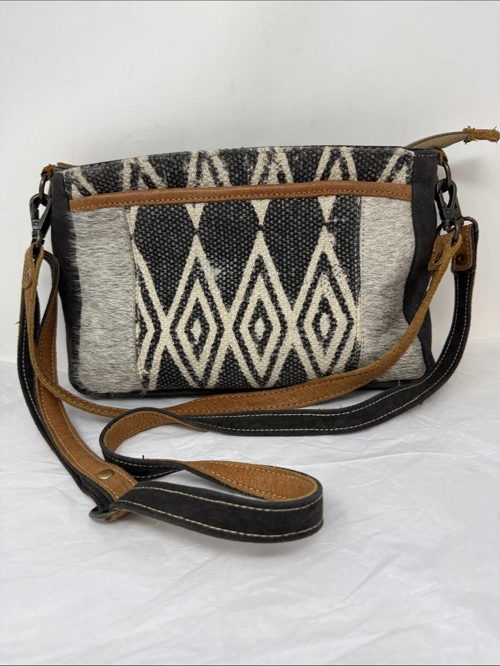Myra Bag Tedious Upcycled Canvas & Cowhide Small Crossbody Bag Western Boho